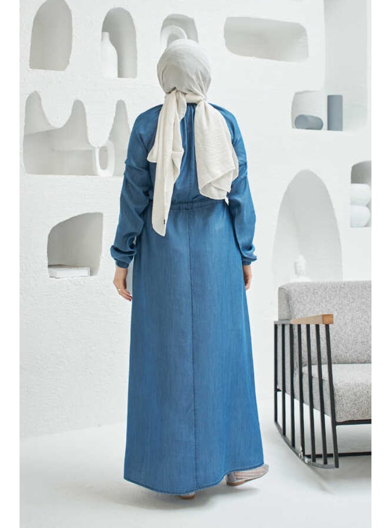 6501-Taşlı Denim Reglan Kollu Elbise Koyu Mavi - Resim 4