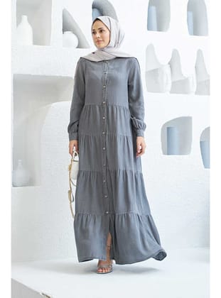 6556-Denim Düğmeli Büzgülü Elbise Gri