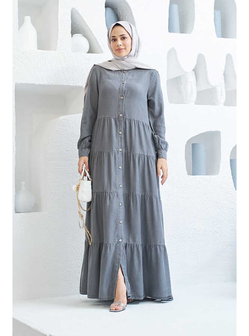 6556-Denim Düğmeli Büzgülü Elbise Gri - Resim 2