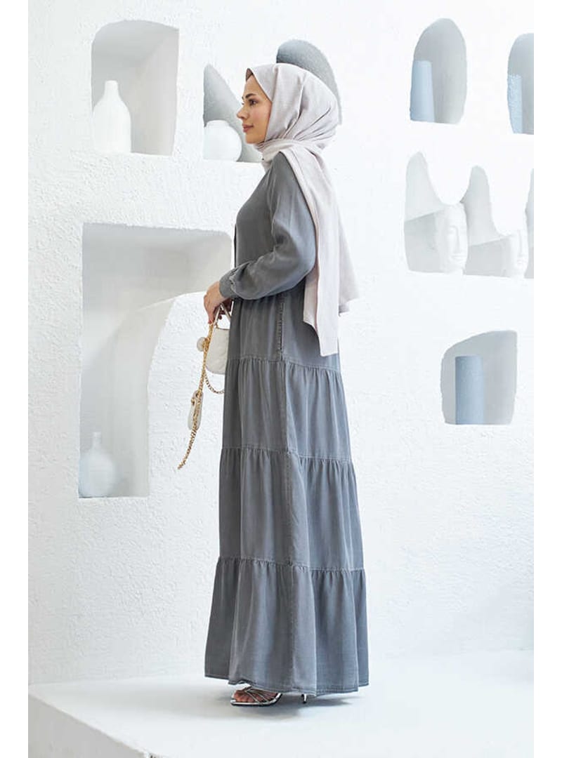 6556-Denim Düğmeli Büzgülü Elbise Gri - Resim 3
