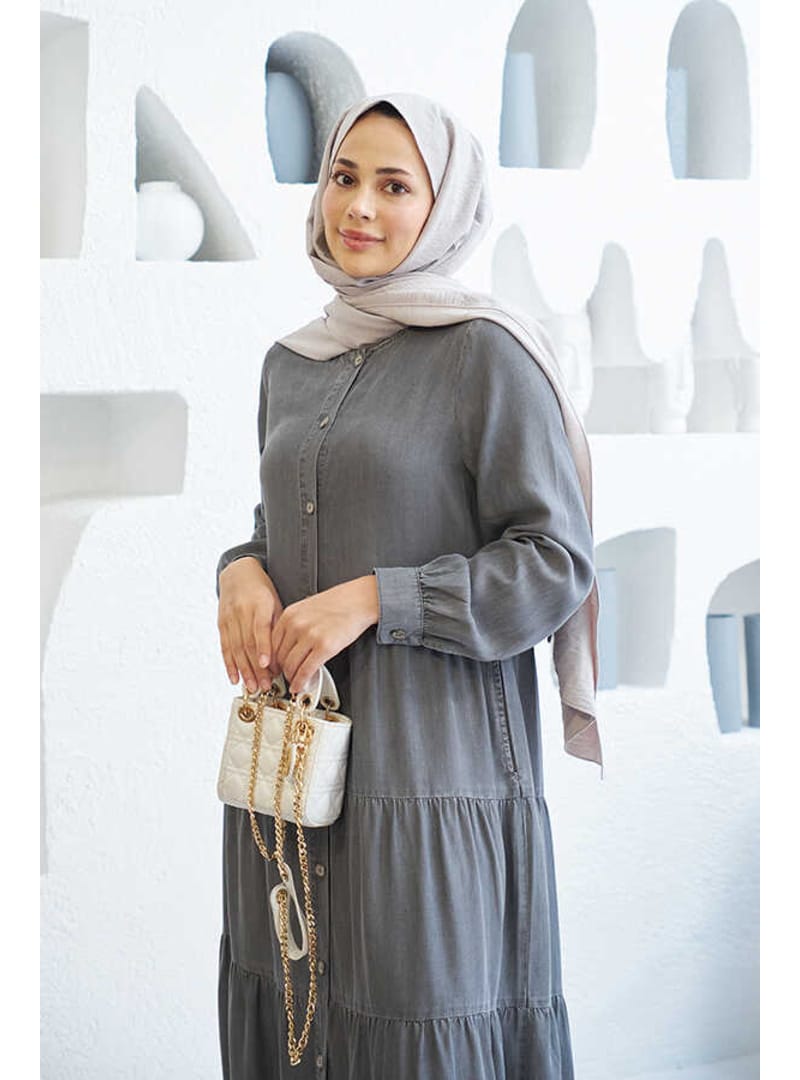 6556-Denim Düğmeli Büzgülü Elbise Gri - Resim 4