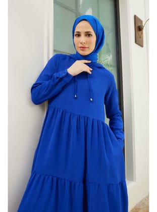 6531-Berlin Kapşonlu Reglan Kollu Elbise Saks Mavisi
