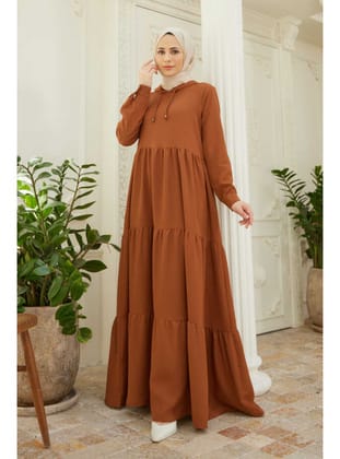 6531-Berlin Kapşonlu Reglan Kollu Elbise Tütün