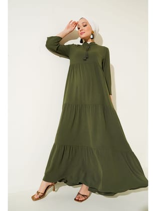 1627 Yaka Bağcıklı Tesettür Elbise - D.Haki D.Haki