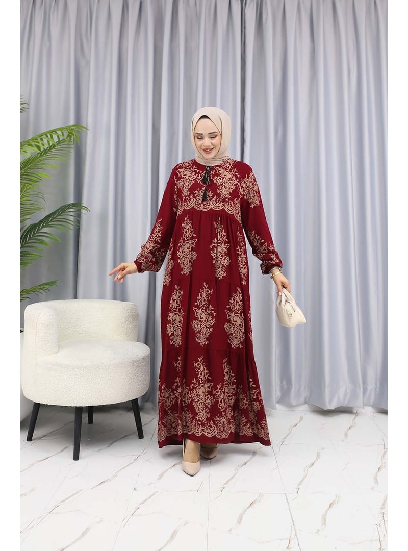 SULU DESEN ELBİSE Bordo - Resim 2