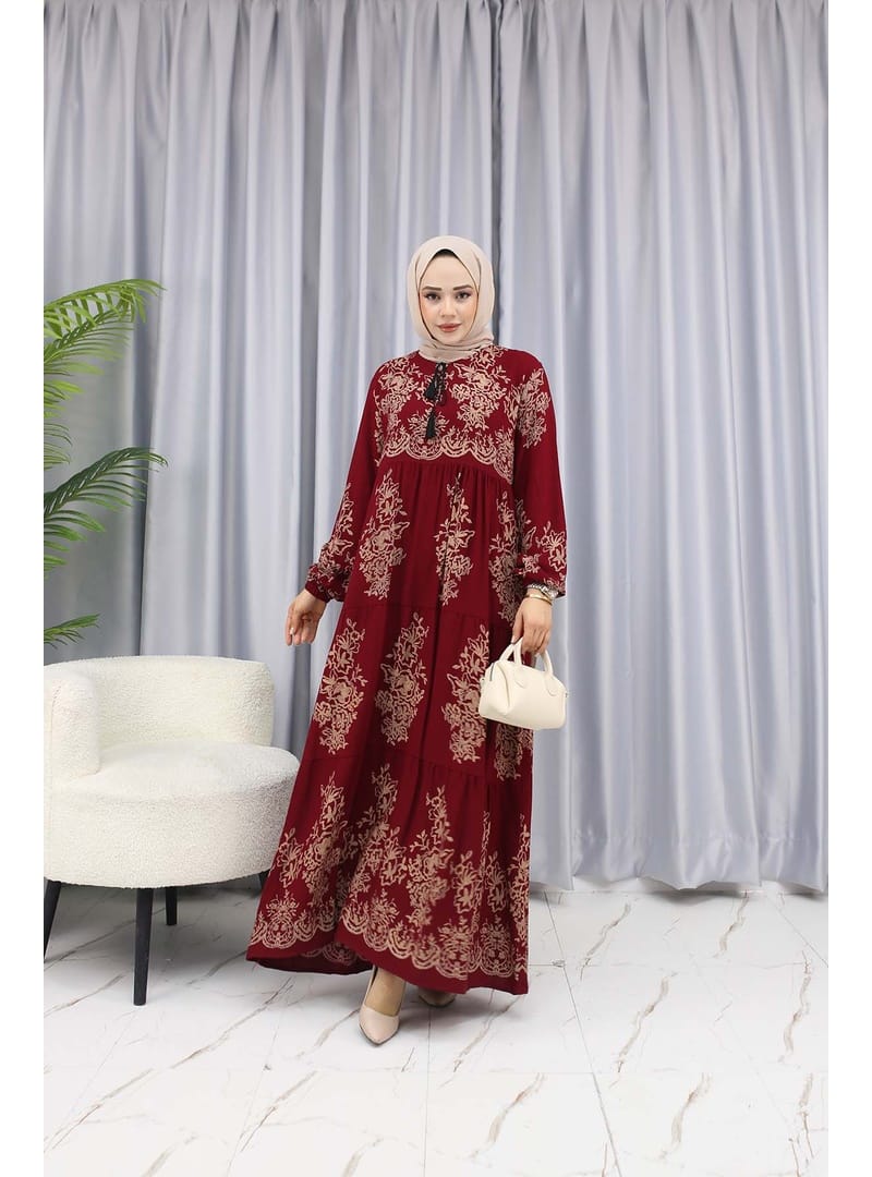 SULU DESEN ELBİSE Bordo - Resim 3