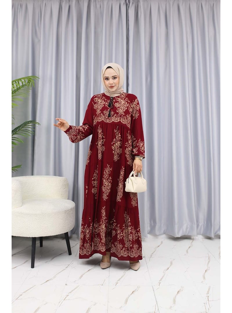 SULU DESEN ELBİSE Bordo - Resim 4