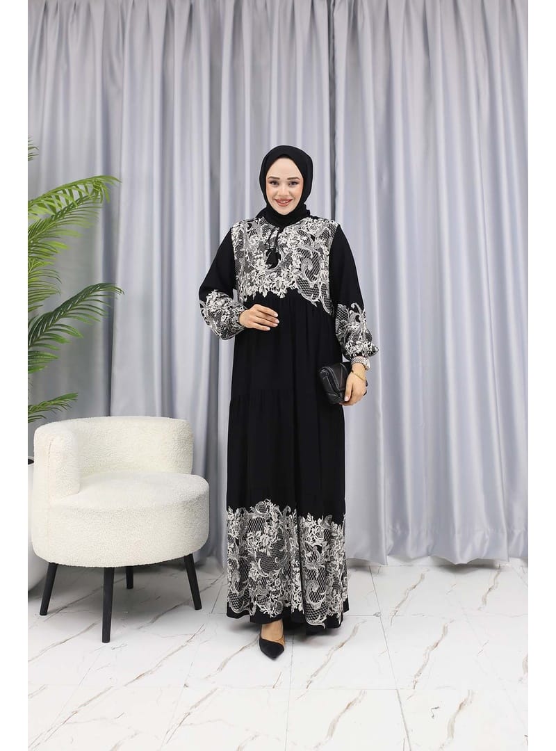 SULU DESEN ELBİSE Siyah - Resim 2