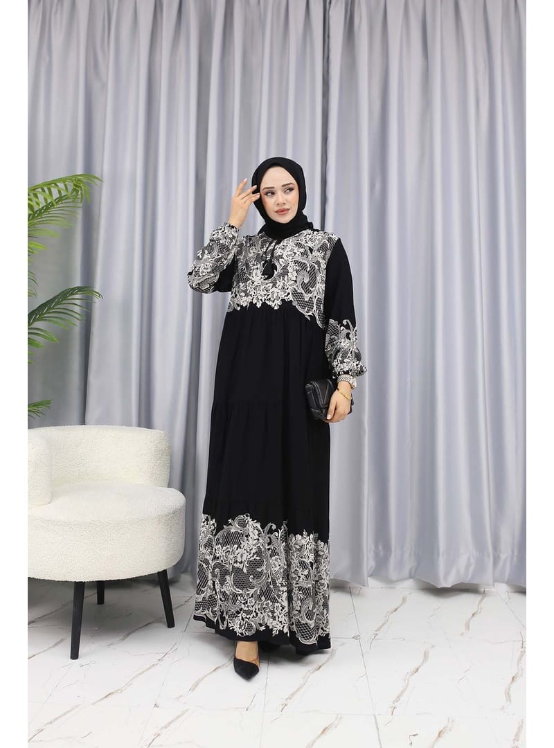 SULU DESEN ELBİSE Siyah - Resim 3