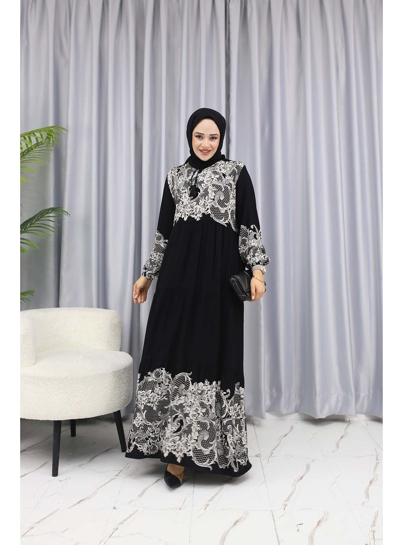 SULU DESEN ELBİSE Siyah - Resim 4