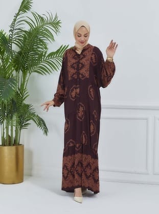 SULU DESEN ELBİSE Kahverengi