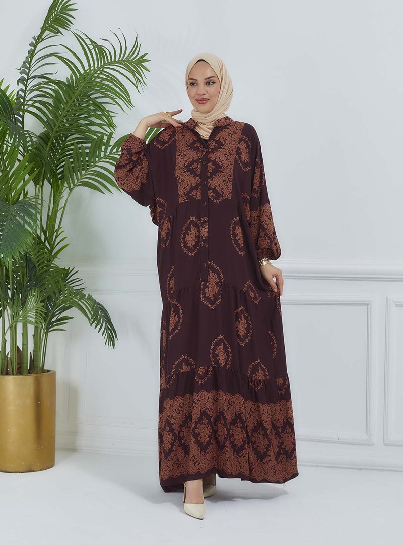 SULU DESEN ELBİSE Kahverengi - Resim 3