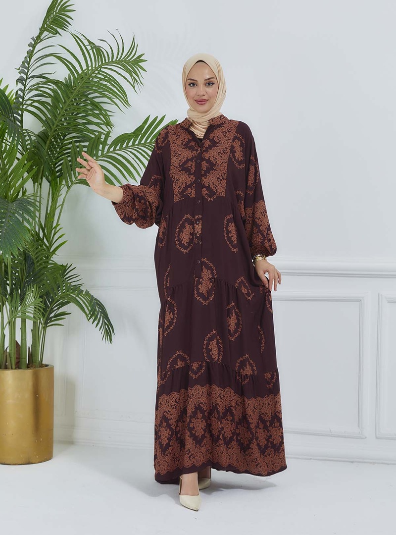 SULU DESEN ELBİSE Kahverengi - Resim 4