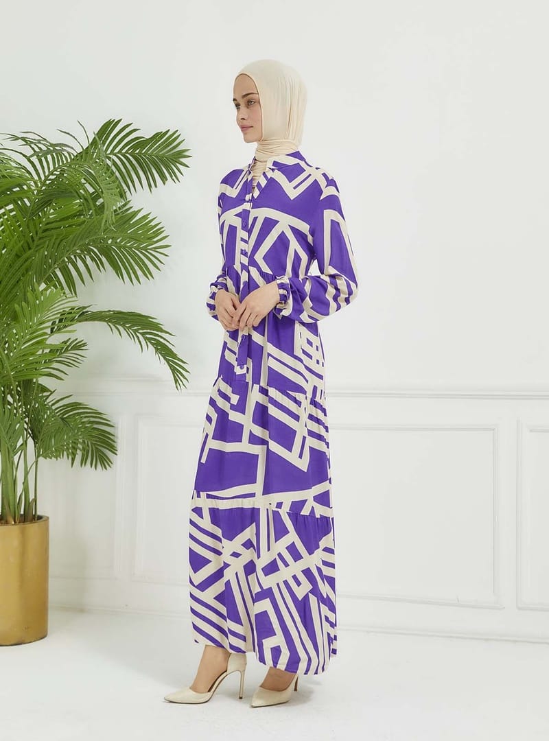 GEOMETRİK DESEN ELBİSE Lila - Resim 2