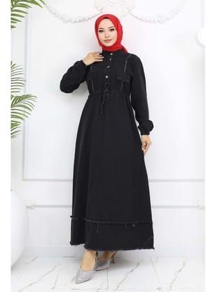 Beli Büzgülü Kot Elbise Siyah 6824