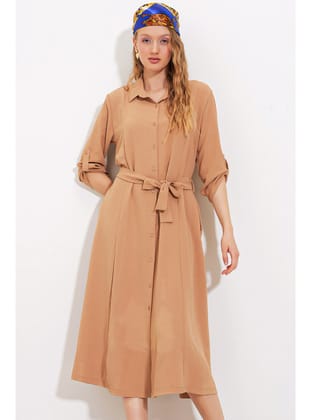 Kadın Camel Kuşaklı Gömlek Elbise 2442 CAMEL