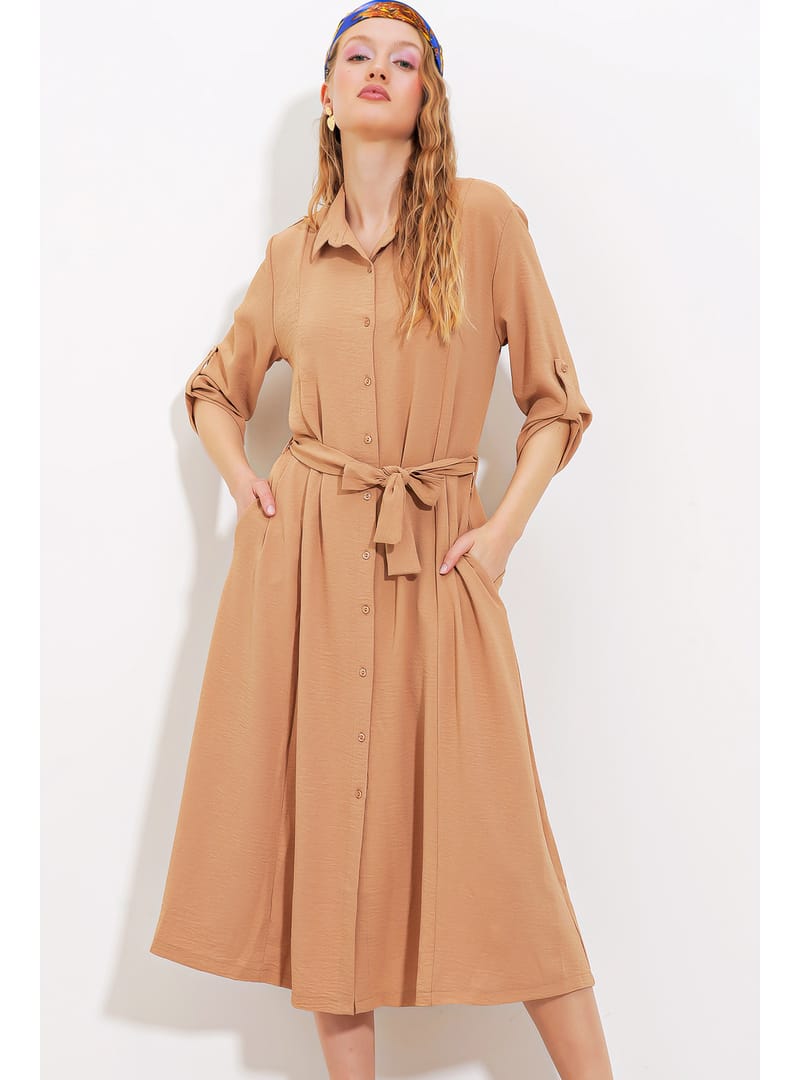 Kadın Camel Kuşaklı Gömlek Elbise 2442 CAMEL - Resim 2