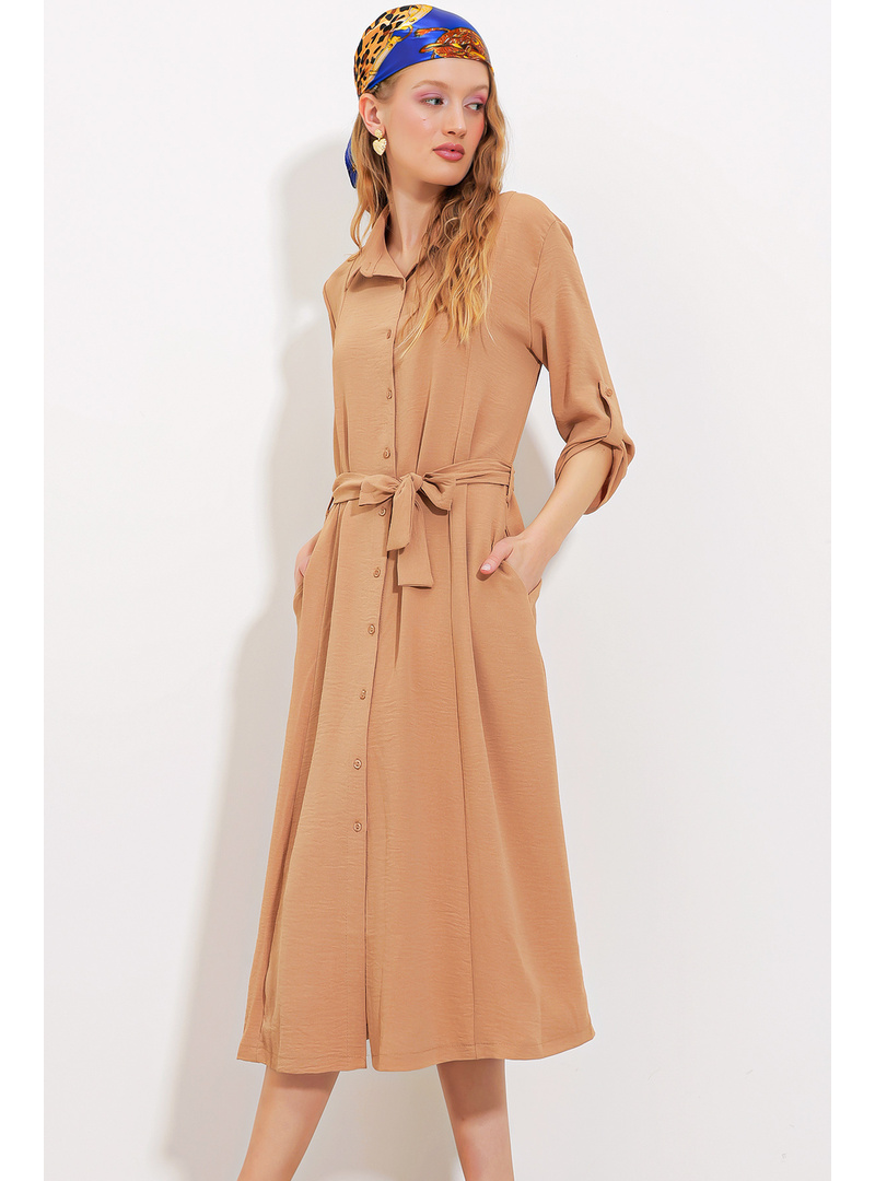 Kadın Camel Kuşaklı Gömlek Elbise 2442 CAMEL - Resim 4