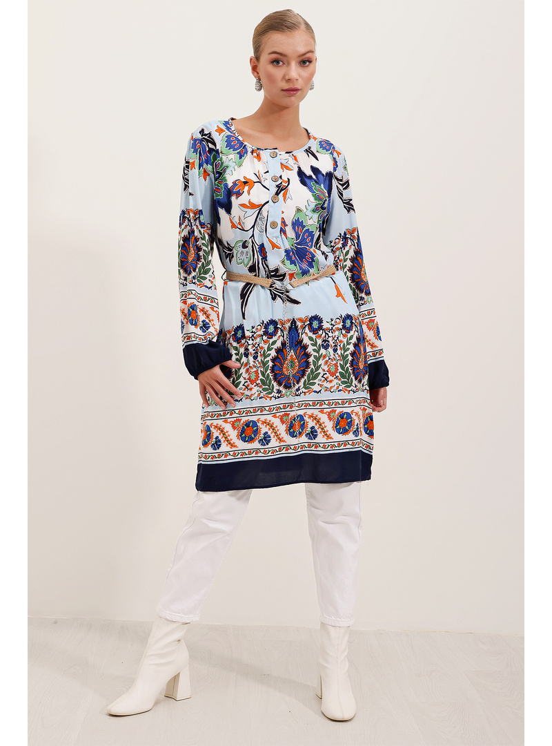 5902 Kemerli Desenli Elbise - Lacivert LACİVERT - Resim 4