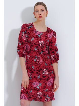 Kadın Bordo Gül Desenli Midi Elbise 2477 BORDO