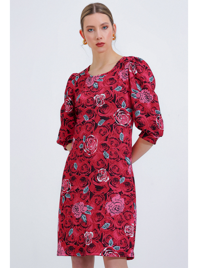 Kadın Bordo Gül Desenli Midi Elbise 2477 BORDO - Resim 2