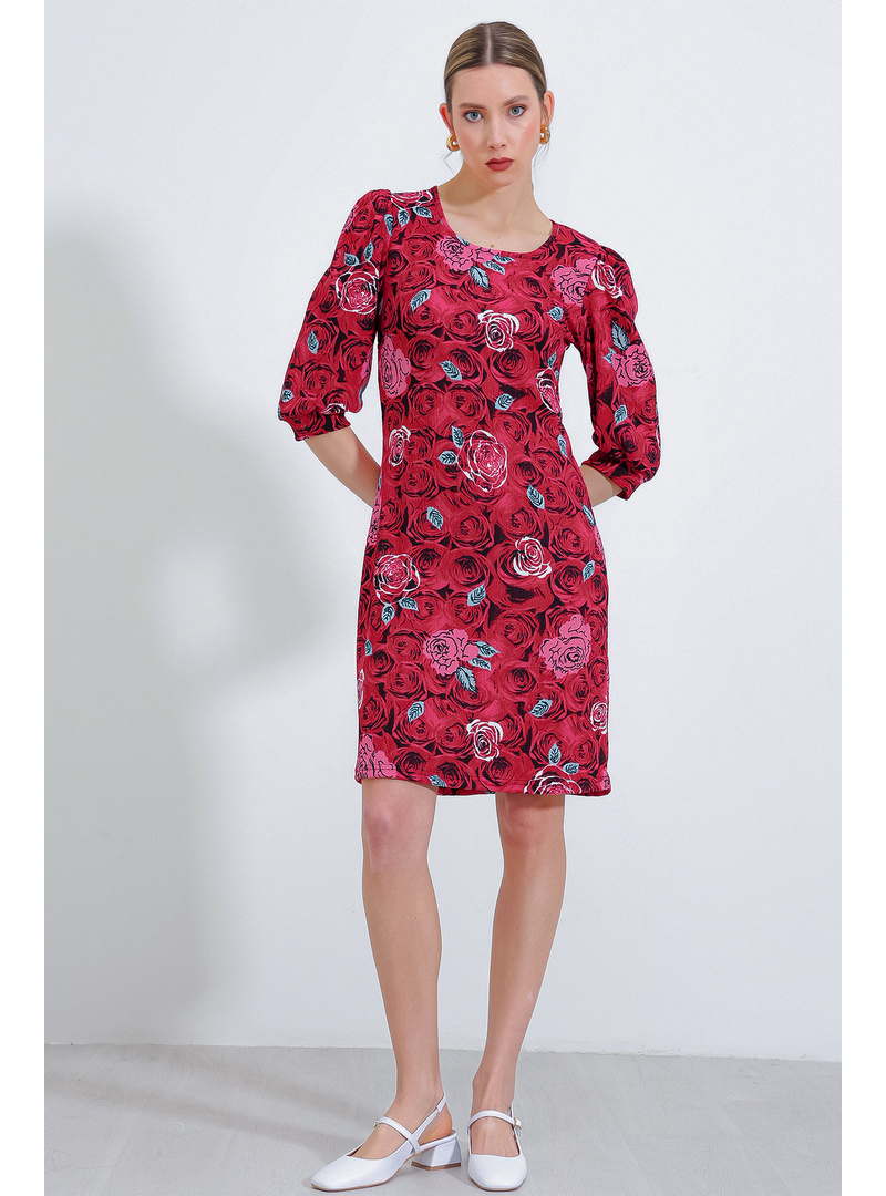 Kadın Bordo Gül Desenli Midi Elbise 2477 BORDO - Resim 3