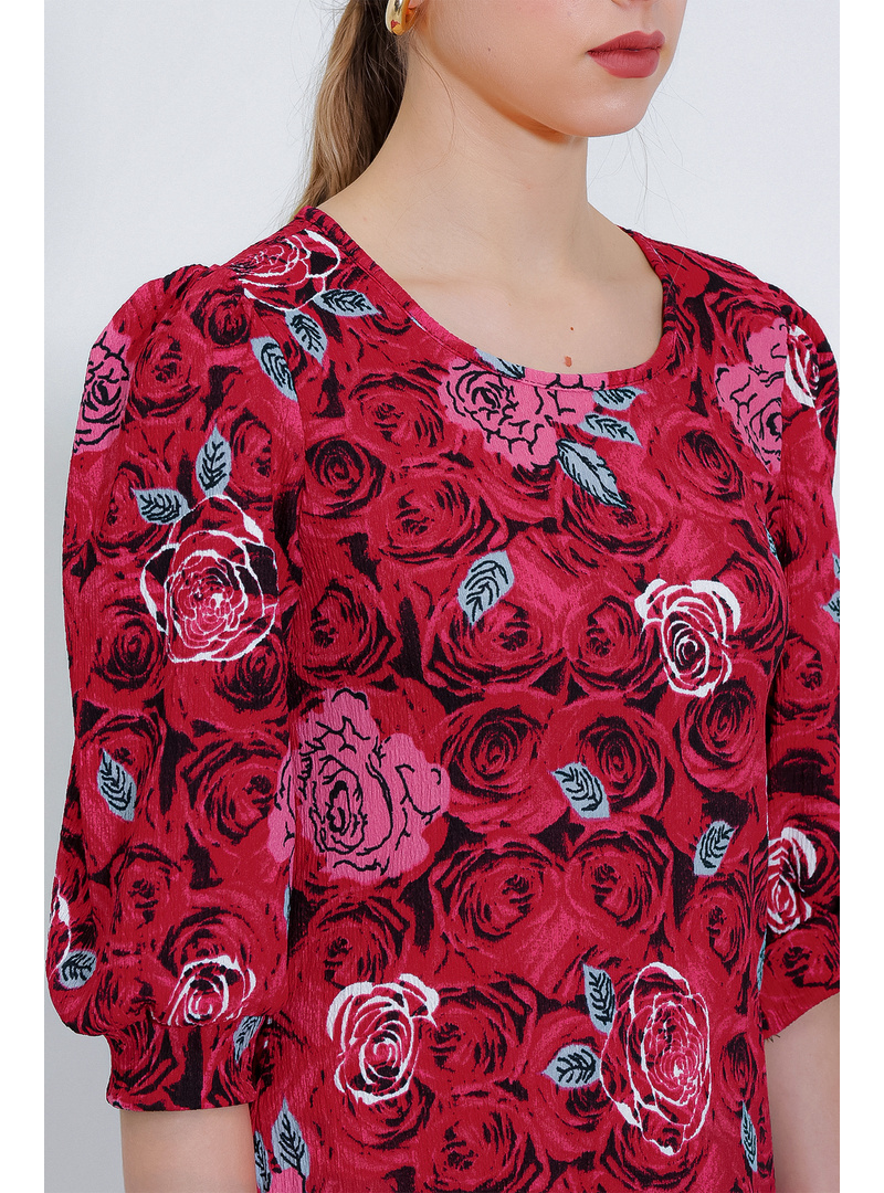Kadın Bordo Gül Desenli Midi Elbise 2477 BORDO - Resim 4
