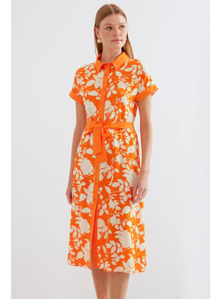 2455 Desenli Gömlek Elbise - Turuncu TURUNCU