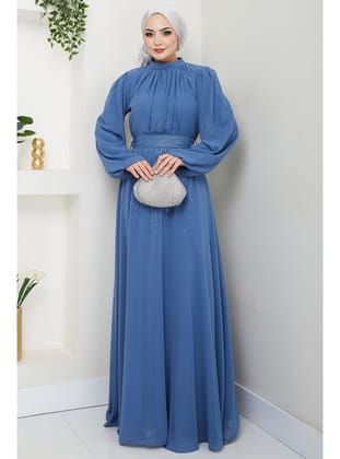 Kuşağı Taşlı Şifon Abiye Elbise Mavi HM2668