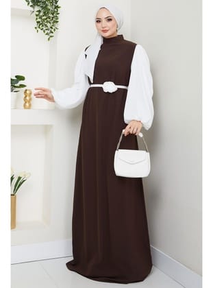 Gül Kemerli Kolları Şifon Abiye Elbise Kahverengi HM2666