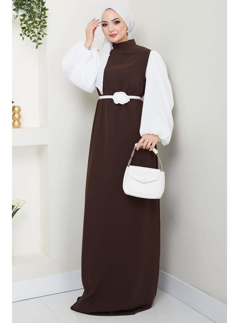 Gül Kemerli Kolları Şifon Abiye Elbise Kahverengi HM2666 - Resim 3
