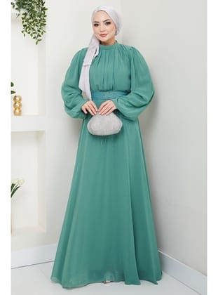 Kuşağı Taşlı Şifon Abiye Elbise Mint HM2668