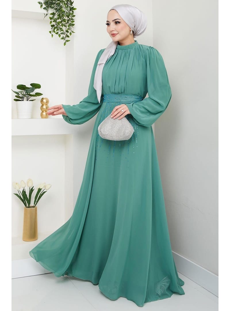 Kuşağı Taşlı Şifon Abiye Elbise Mint HM2668 - Resim 2