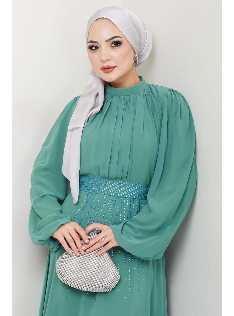 Kuşağı Taşlı Şifon Abiye Elbise Mint HM2668 - Resim 3