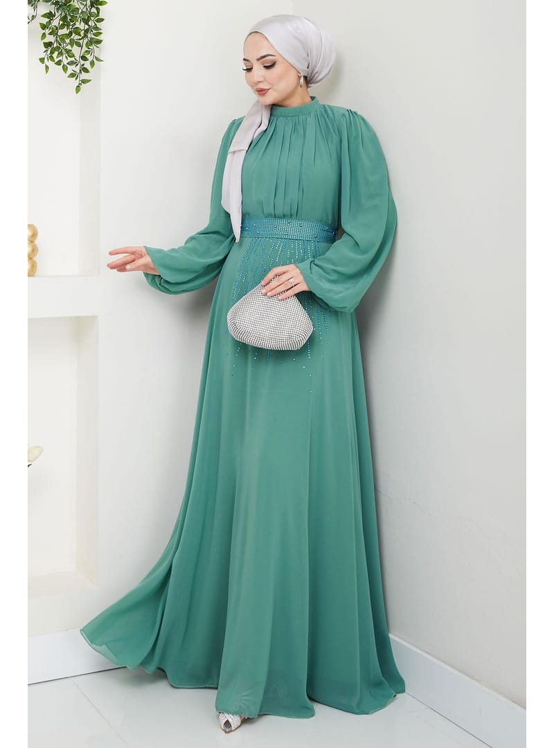 Kuşağı Taşlı Şifon Abiye Elbise Mint HM2668 - Resim 4