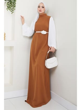 Gül Kemerli Kolları Şifon Abiye Elbise Taba HM2666