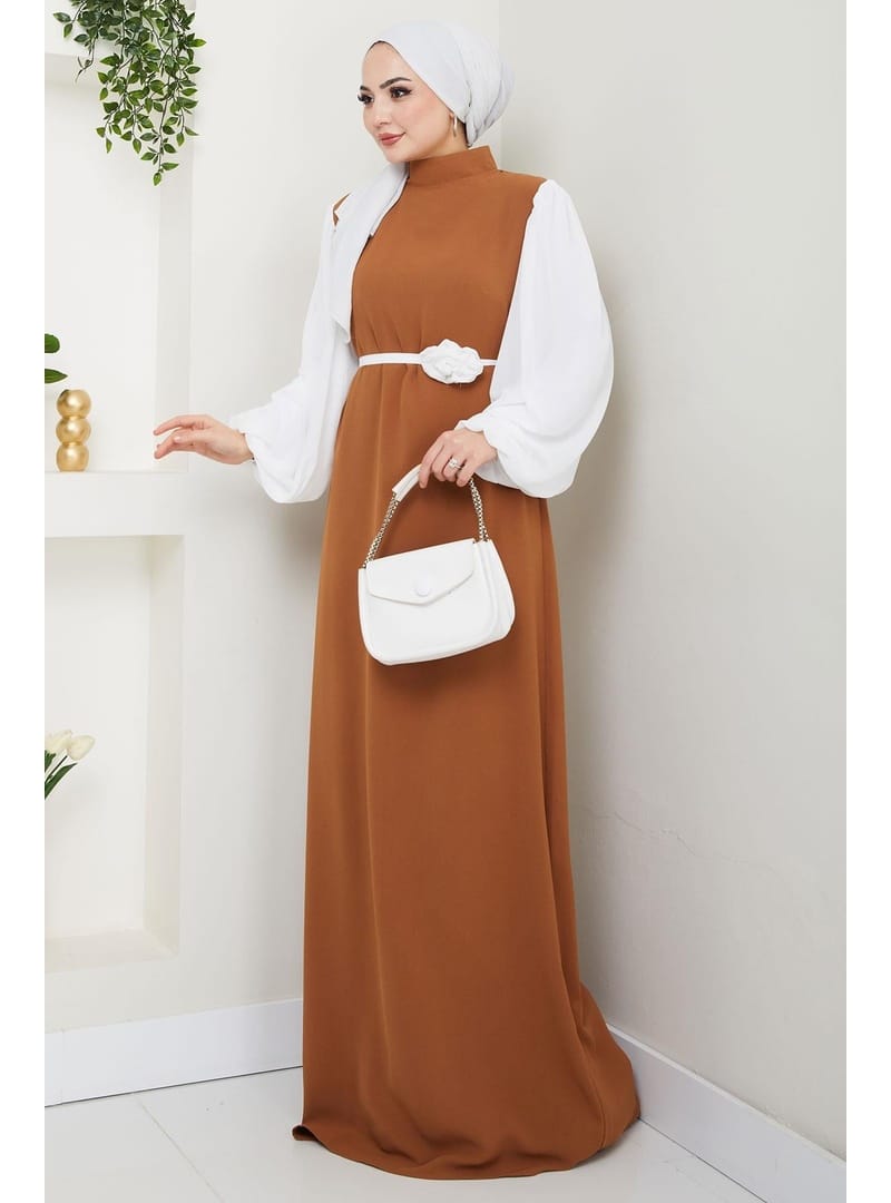 Gül Kemerli Kolları Şifon Abiye Elbise Taba HM2666 - Resim 2