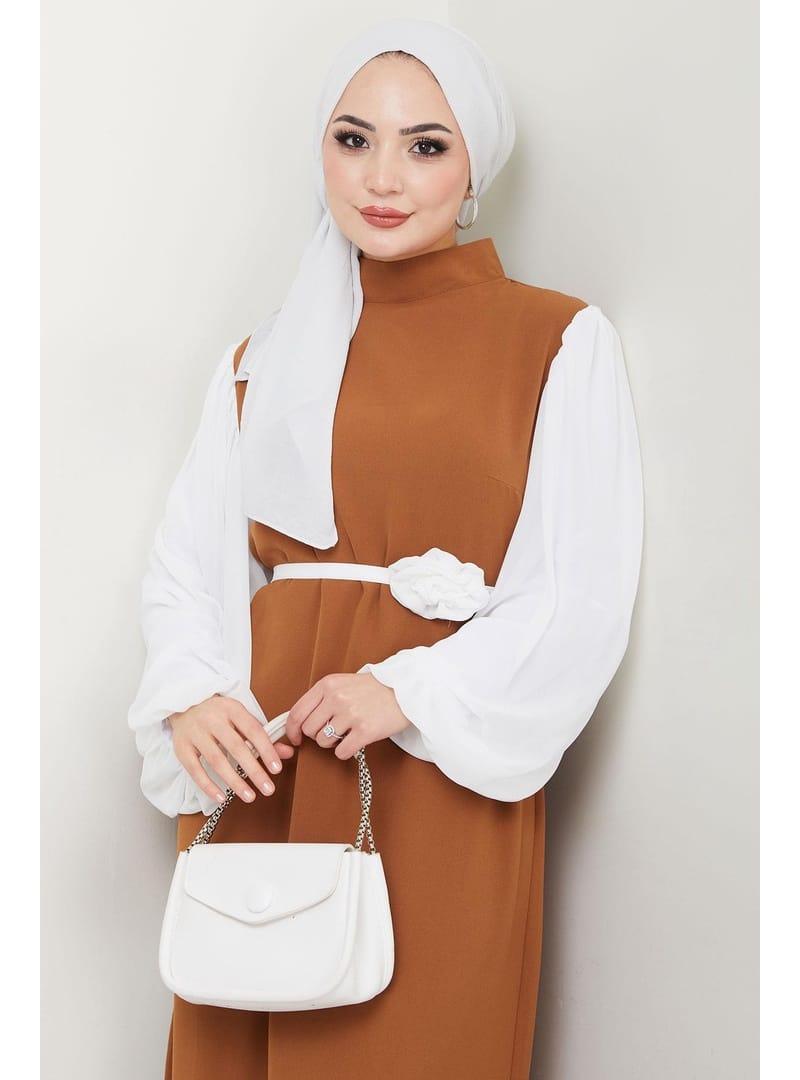 Gül Kemerli Kolları Şifon Abiye Elbise Taba HM2666 - Resim 4