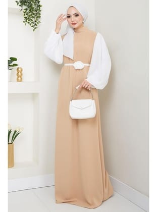 Gül Kemerli Kolları Şifon Abiye Elbise Bej HM2666