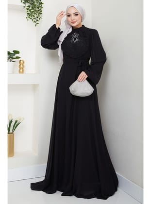 Boncuklu Şifon Abiye Elbise Siyah HM2667