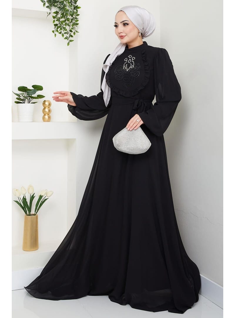 Boncuklu Şifon Abiye Elbise Siyah HM2667 - Resim 2