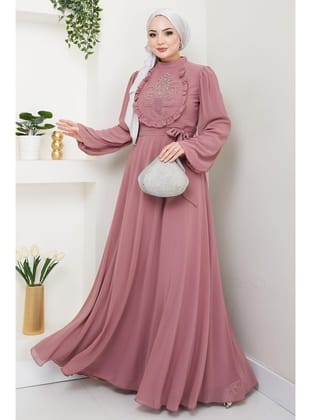 Boncuklu Şifon Abiye Elbise Gül Kurusu HM2667