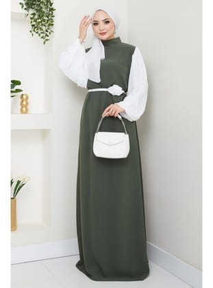 Gül Kemerli Kolları Şifon Abiye Elbise Haki HM2666