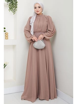 Kuşağı Taşlı Şifon Abiye Elbise Vizon HM2668