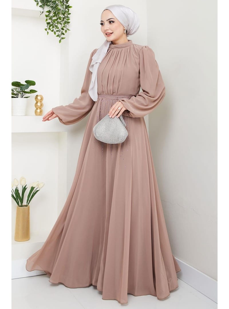 Kuşağı Taşlı Şifon Abiye Elbise Vizon HM2668 - Resim 2