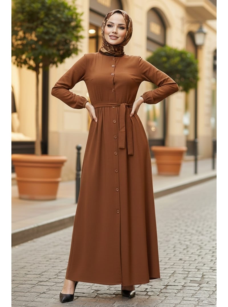 Esnel Kuşaklı Elbise  1366 - Kahve - Resim 2