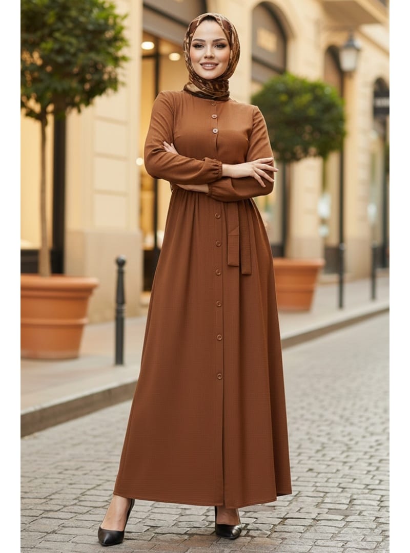 Esnel Kuşaklı Elbise  1366 - Kahve - Resim 4