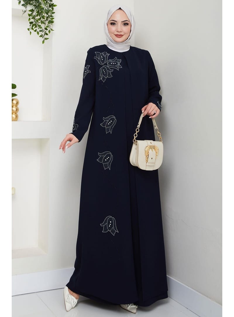 Büyük Beden Lale Taşlı Anne Elbisesi Lacivert HM2692 - Resim 2