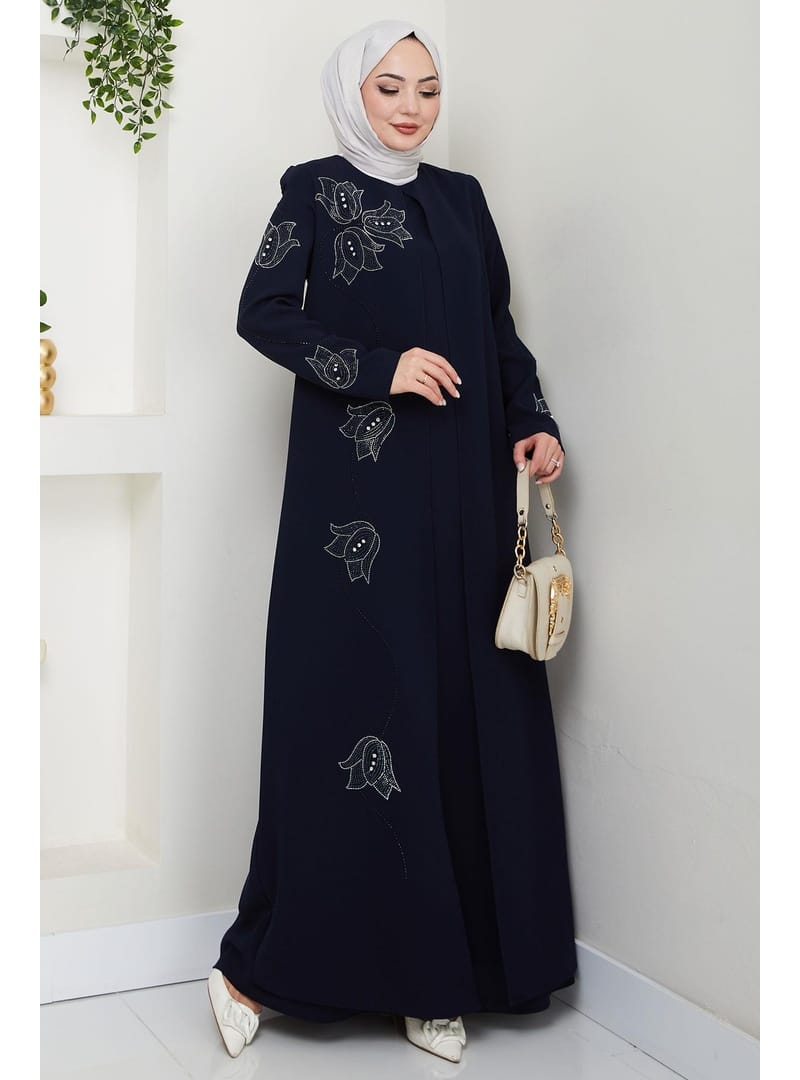 Büyük Beden Lale Taşlı Anne Elbisesi Lacivert HM2692 - Resim 3