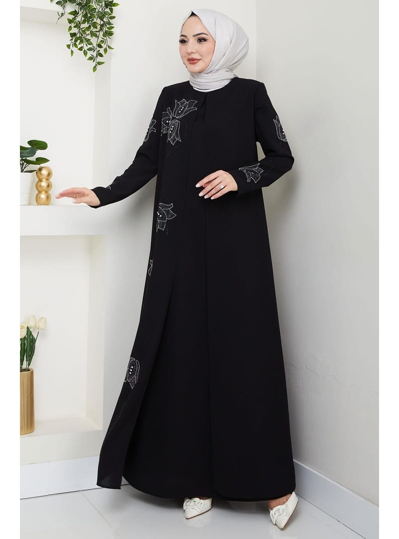 Büyük Beden Lale Taşlı Anne Elbisesi Siyah HM2692 - Resim 2